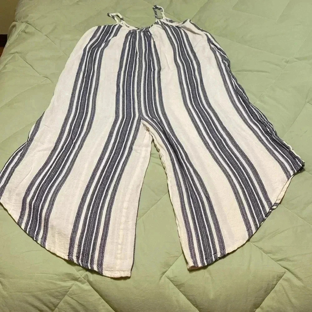 Charlie Paige Blue & Cream Stripe Large Jumper. Wide Legs & Adjustable Straps. - Picture 9 of 13